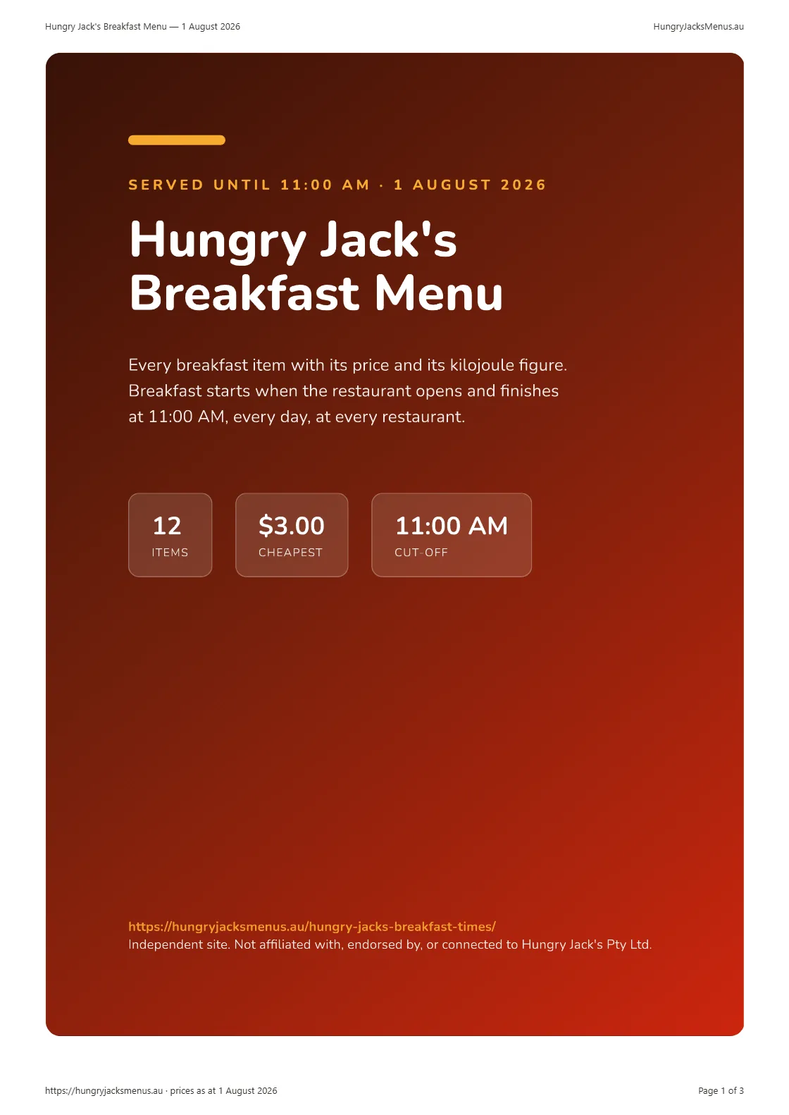 Hungry Jack's Breakfast Menu — 1 August 2026, page 1 of 3